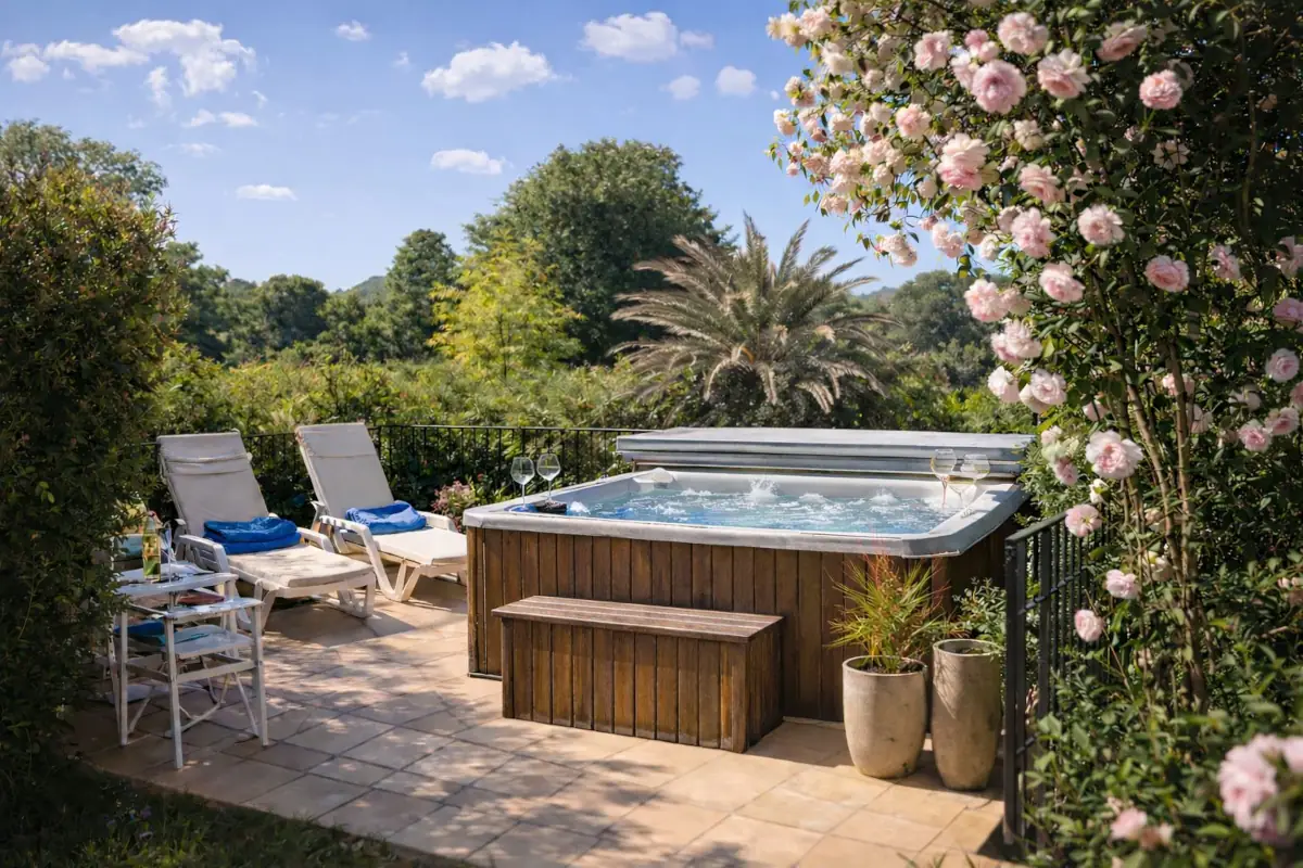 Détente dans le Jaccuzzi extérieur, dans le jardin de l'Amandari Provence holidays